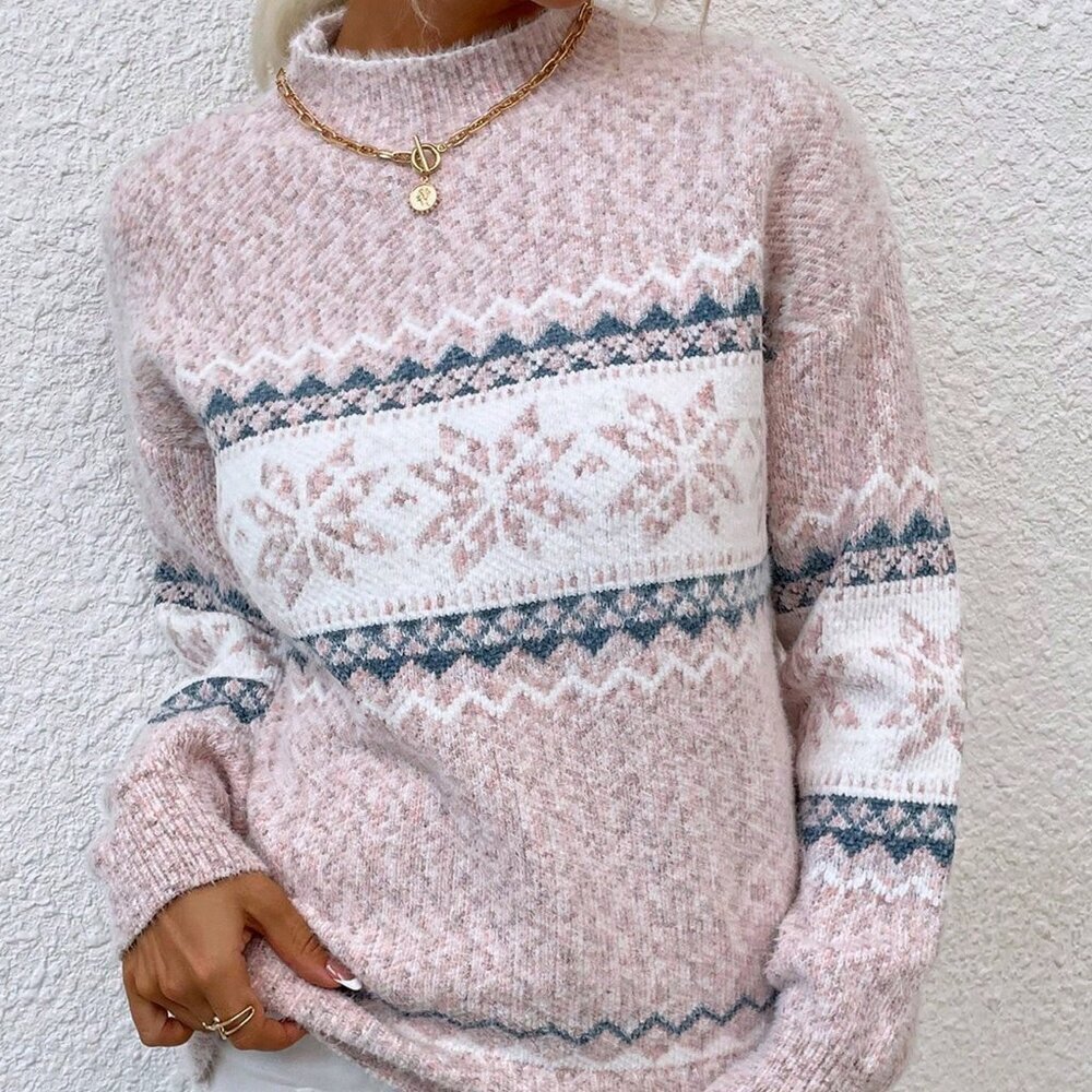 Pink Casual Women's Chenille Snowflake Turtleneck Sweater